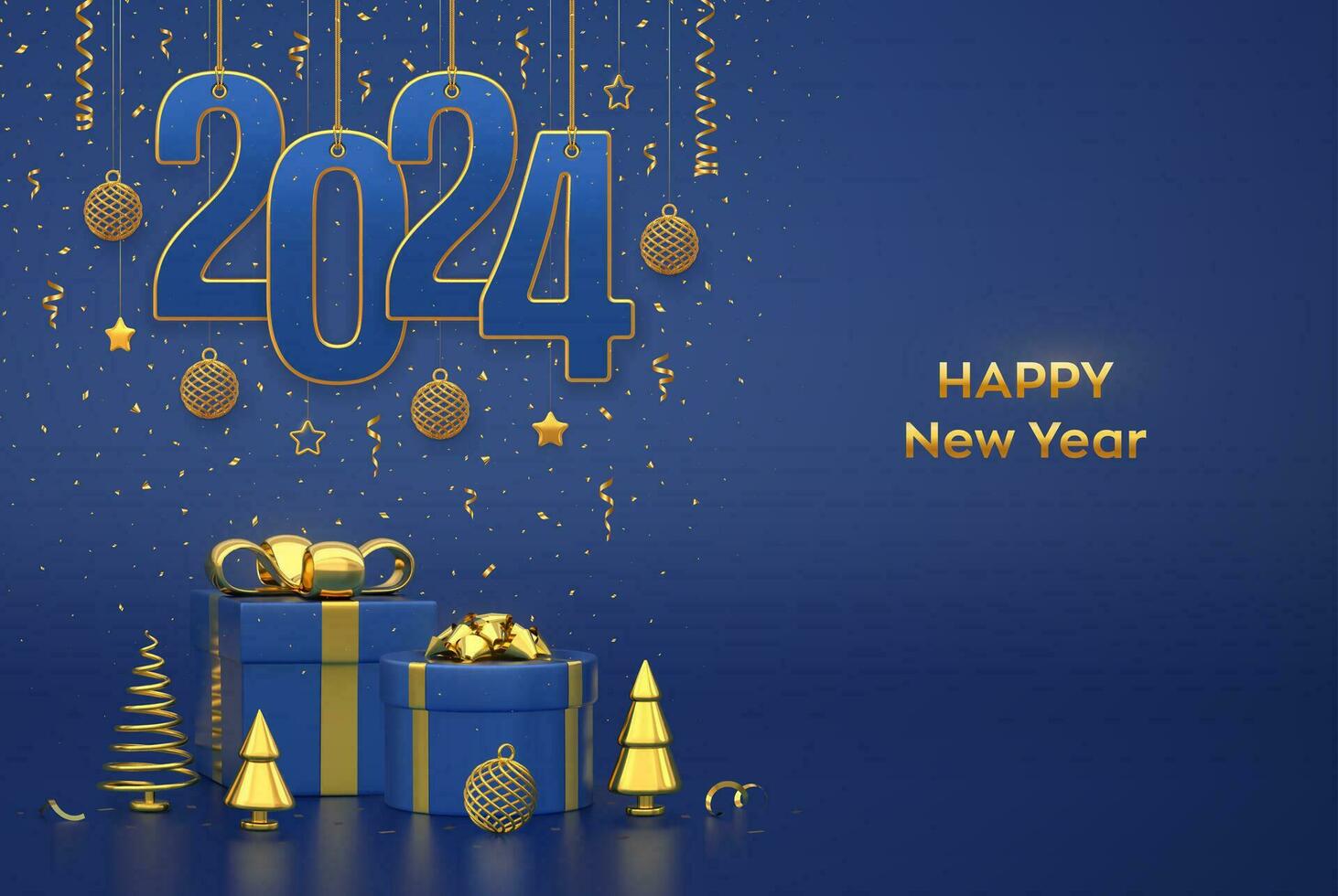 Happy New Year 2024. Hanging on gold ropes numbers 2024 with shining 3D balls, stars, confetti on blue background. Gift boxes, snowflake and golden metallic pine fir cone shape spruce trees. Vector. vector