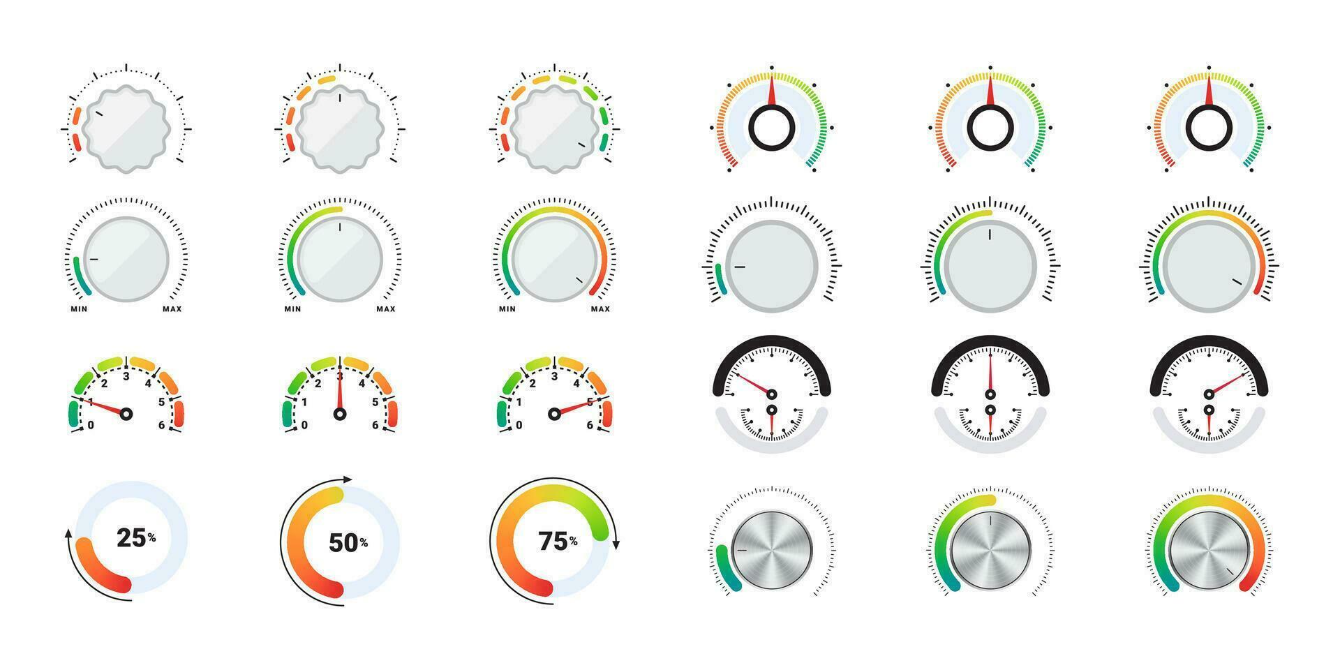 Risk meter icons set. Efficiency meter. Performance measurement. Customer satisfaction. Vector scalable graphics