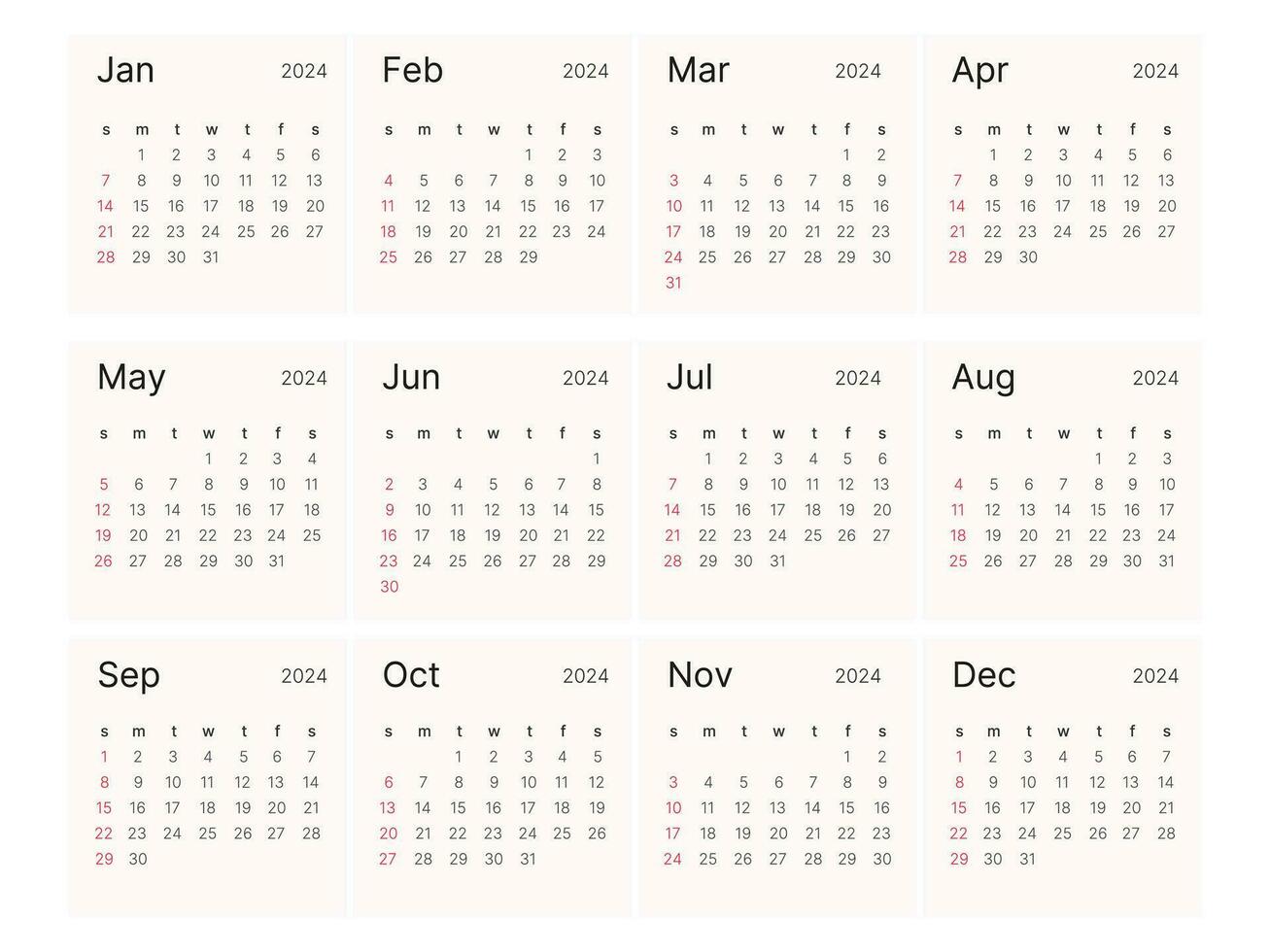 Monthly calendar template for 2024. Starts on Sunday. vector