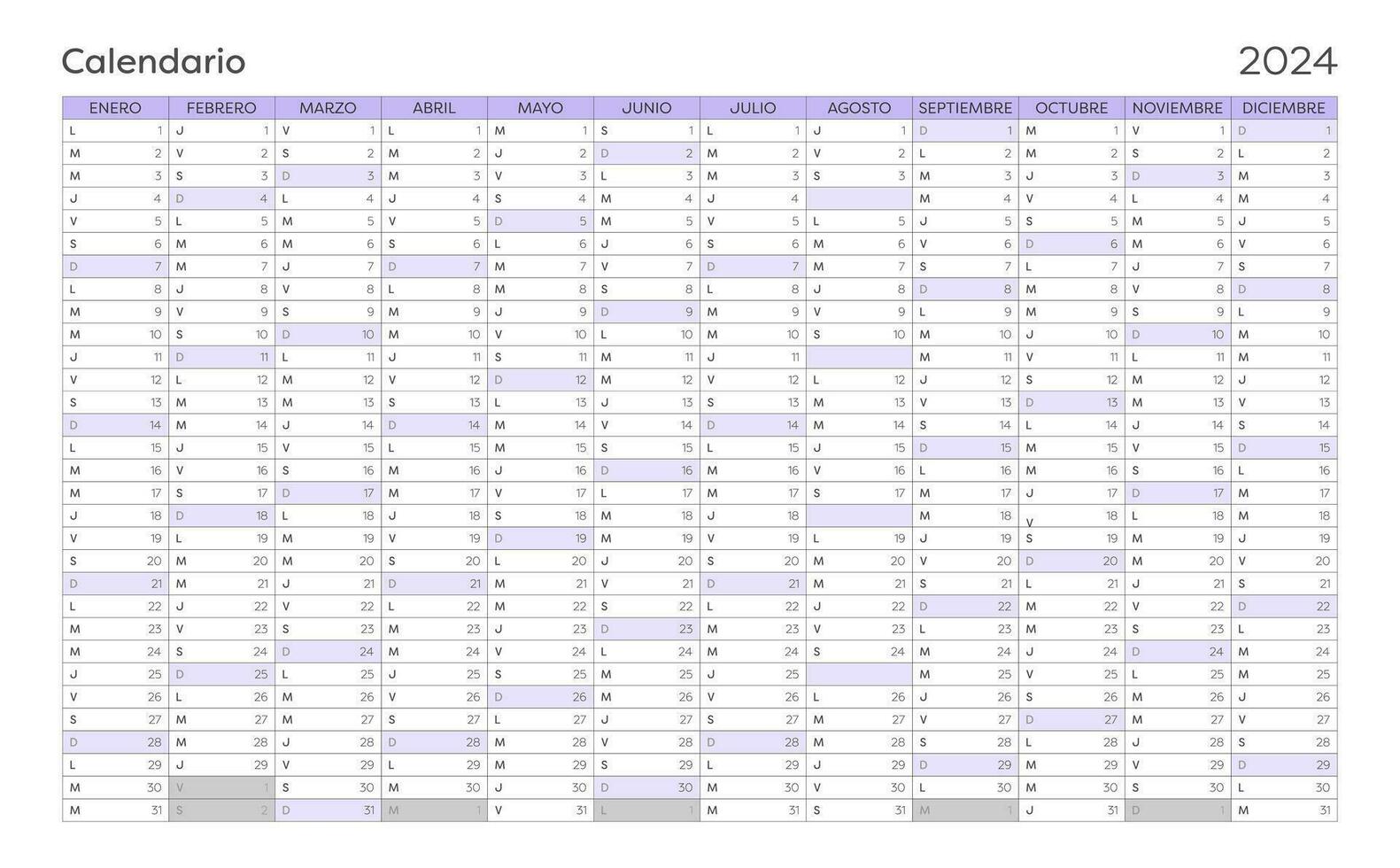 2024 Spanish calendar. Horizontal calendar. The week starts on Monday. Space for notes. vector