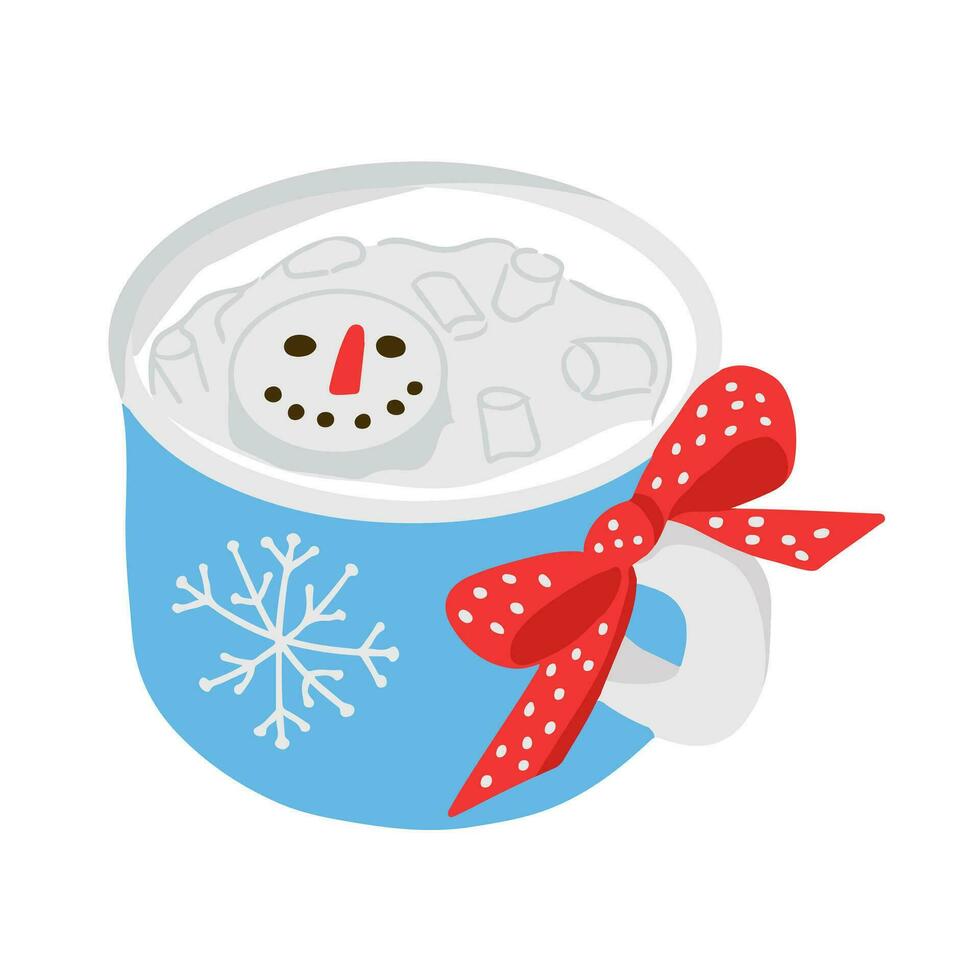 Christmas hot drink with whipped cream and snowman from marshmallow. Winter holiday traditional hot chocolate with childish decoration. Vector hand drawn flat illustration in blue color