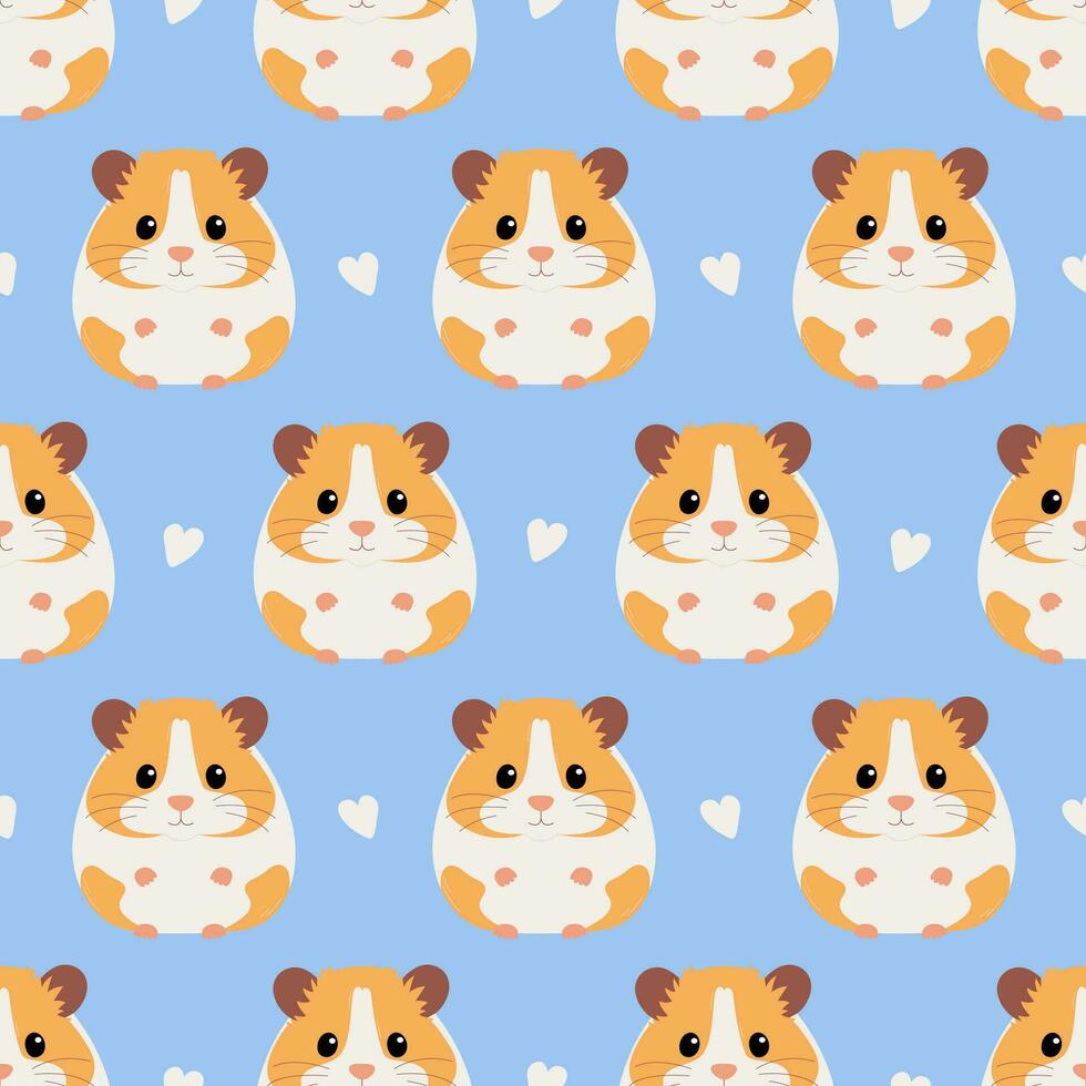 Seamess pattern with cute orange and white syrian hamster and hearts on blue background. Vector flat illustration