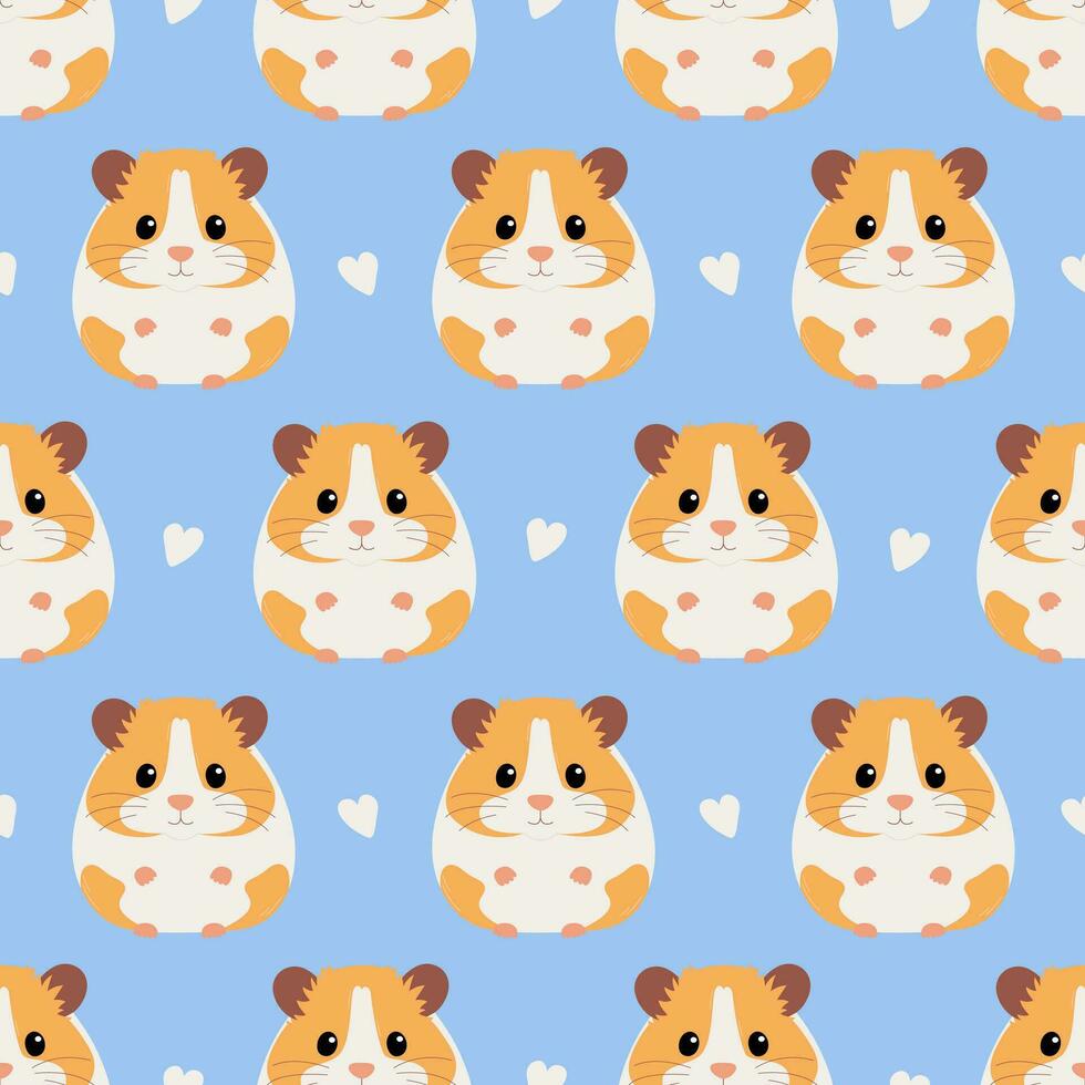 Seamess pattern with cute orange and white syrian hamster and hearts on blue background. Vector flat illustration