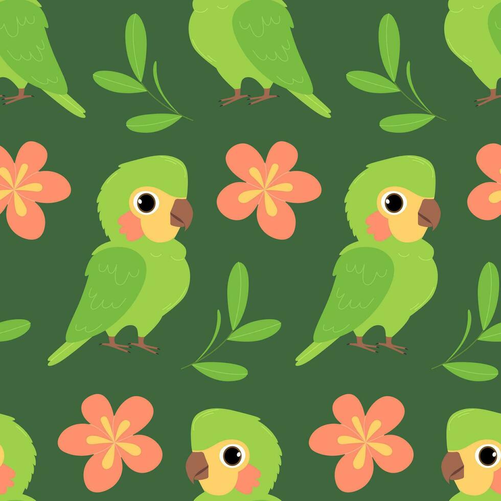 Seamless pattern with cute green parrot, flower and leaves on green background. Vector flat illustration