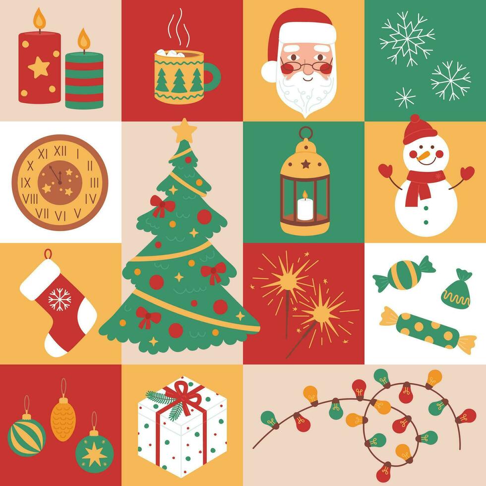 Mosaic seamless pattern with New Year, Christmas elements. Geometric background with holiday symbols. Design for greeting card, wrapping paper or poster vector