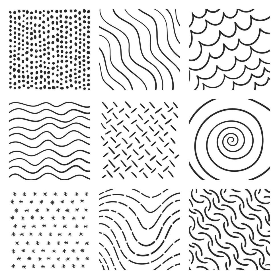 líneas conjunto en diferente estilos y posiciones. espiral, puntos, huella dactilar, asteriscos, piso etc. vector