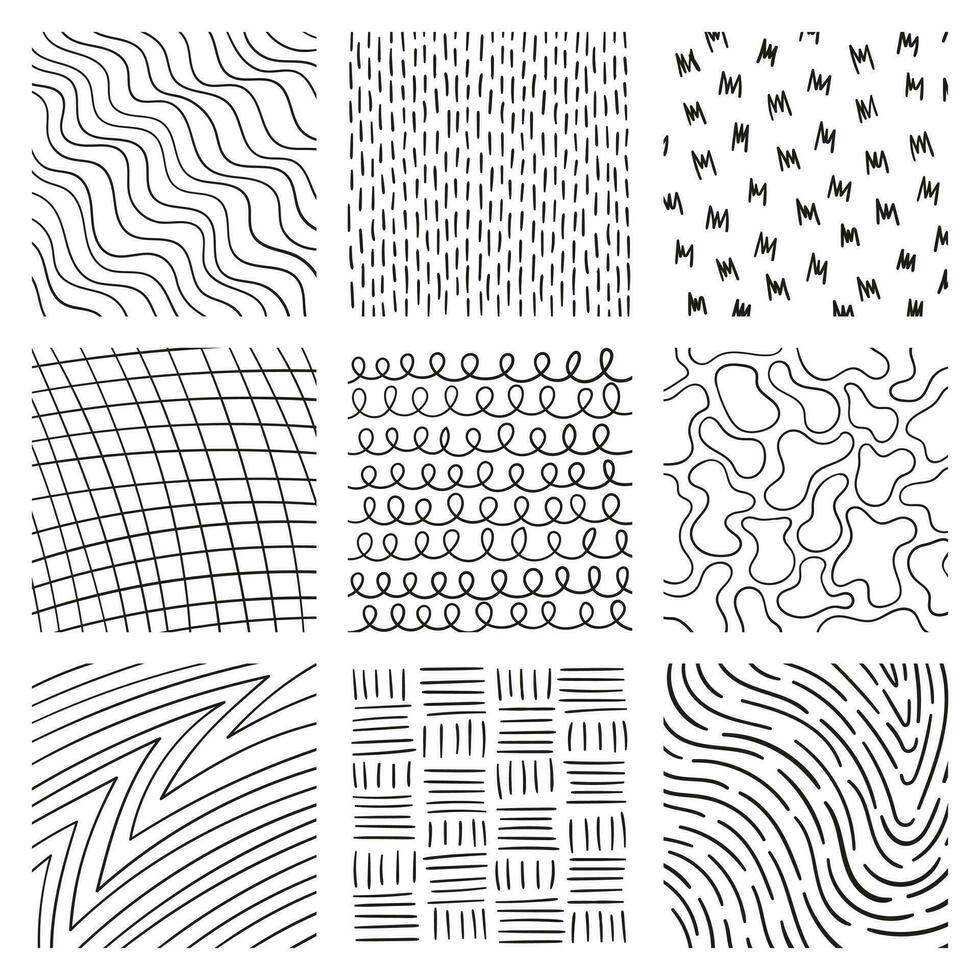 Lines set in different styles. Stripes, shapes, finger print, scratched. vector