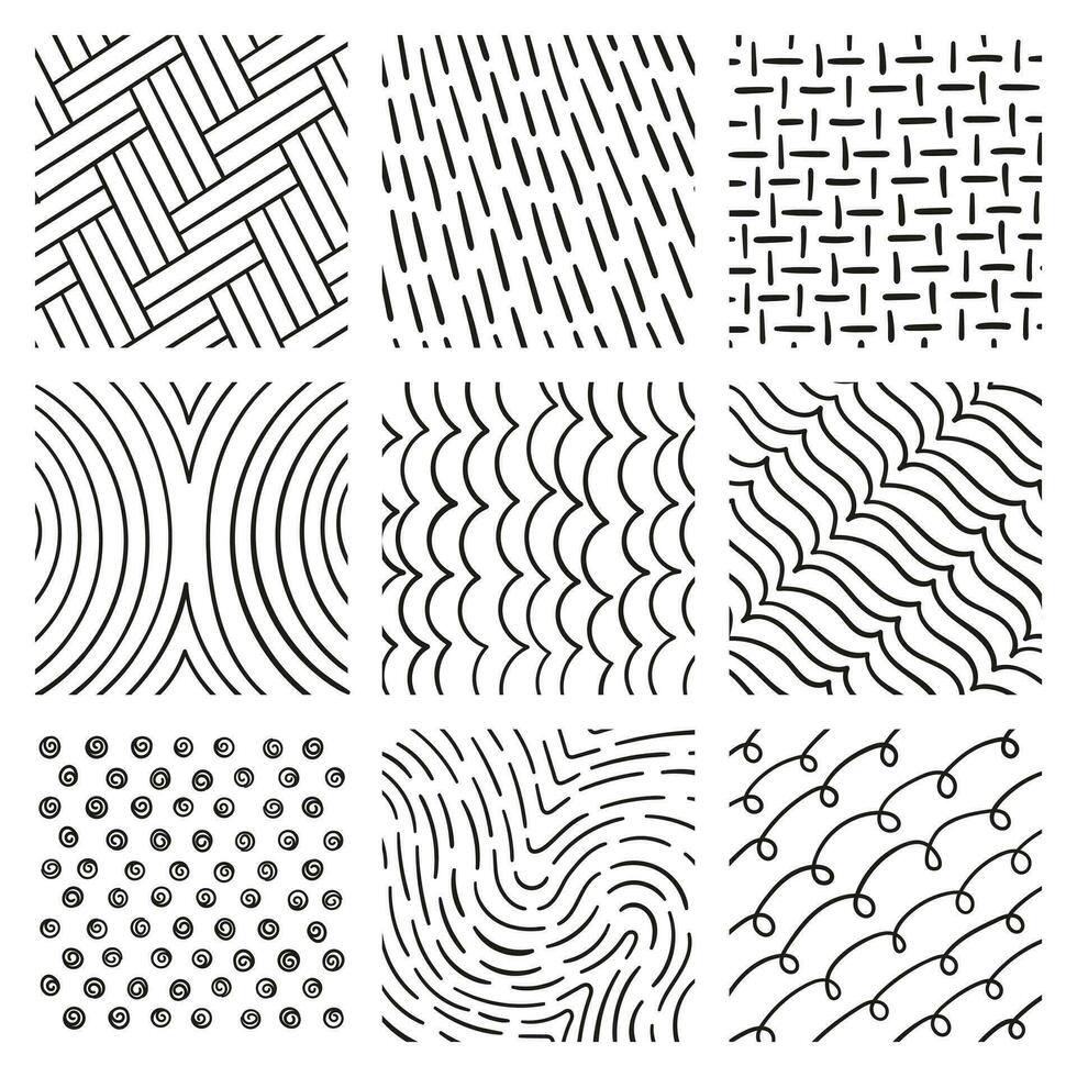 Lines set in different styles and positions. Bricks, parquet, waves, curved lines, coiled etc. vector