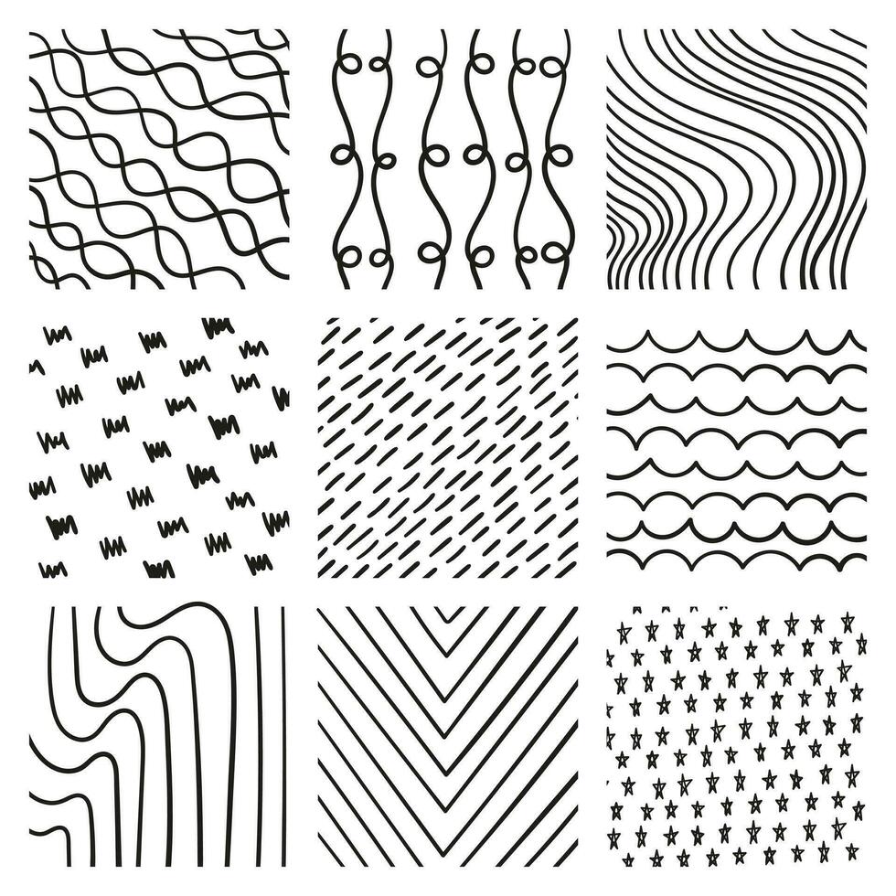 Lines set in different styles and positions. Intertwined, pen scratches, curved etc. vector