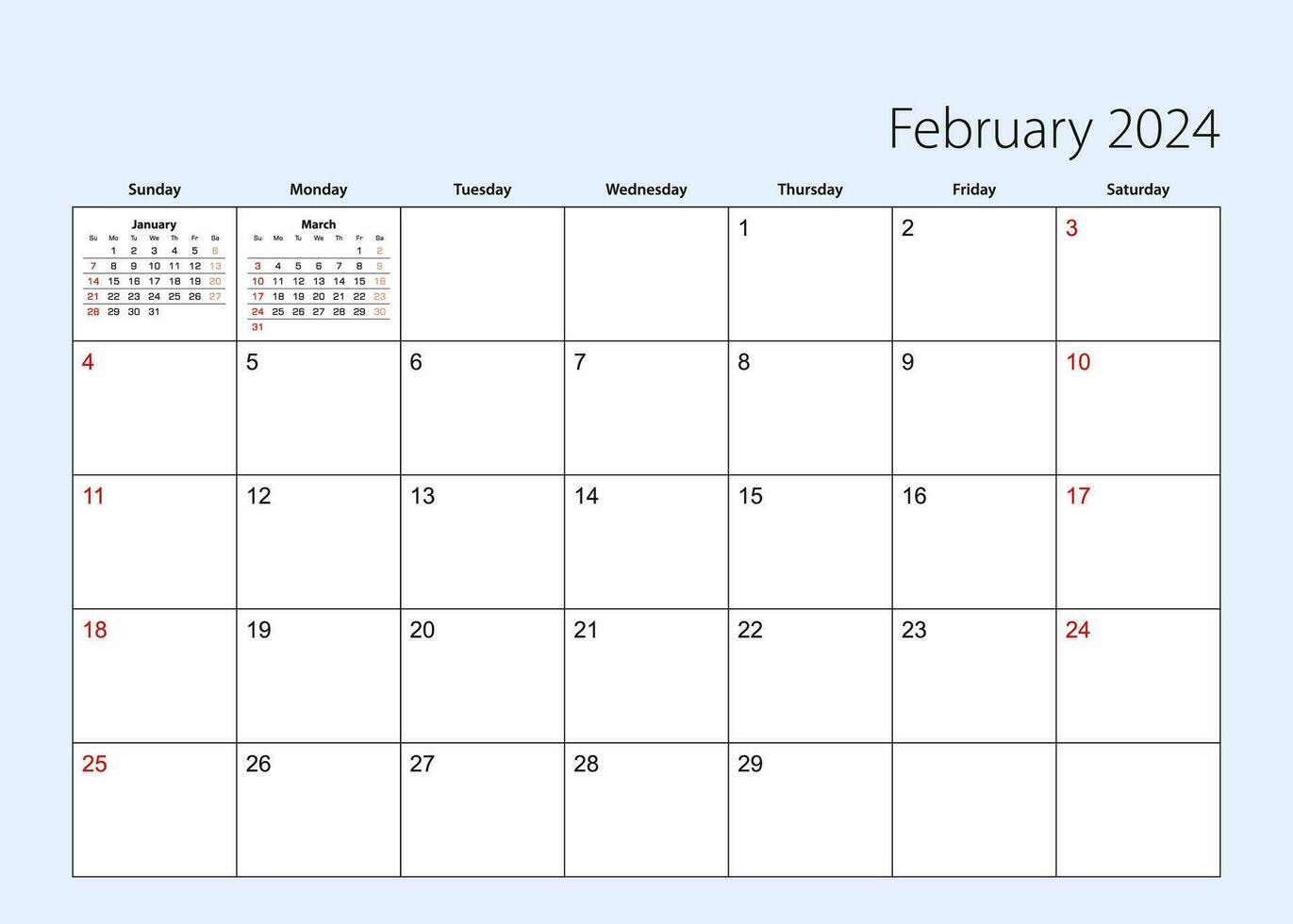 Wall calendar planner for February 2024. English language, week starts from Sunday. vector