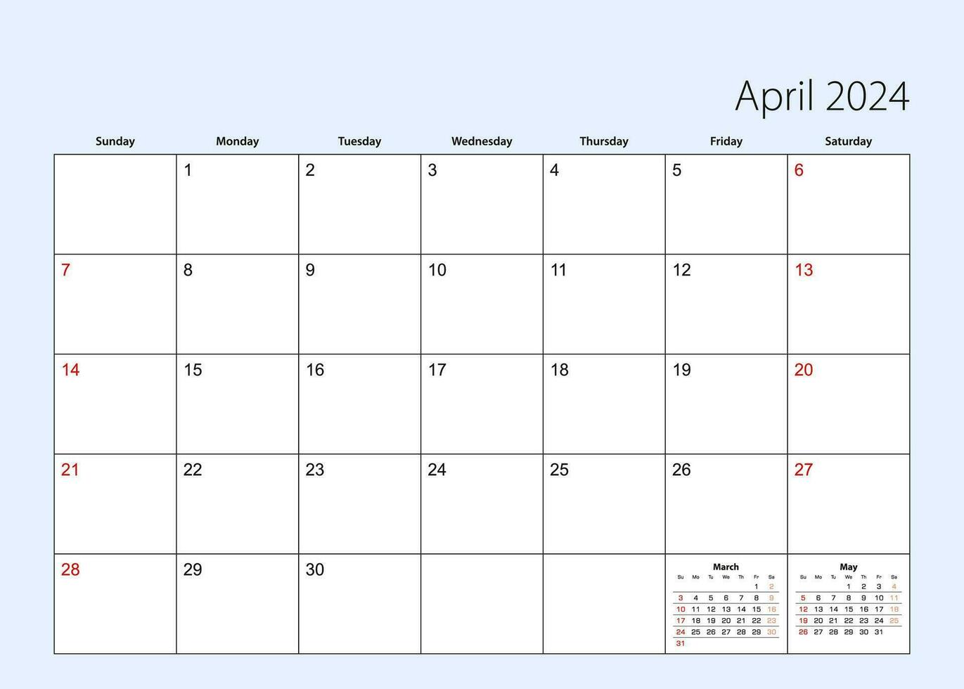 Wall calendar planner for April 2024. English language, week starts from Sunday. vector