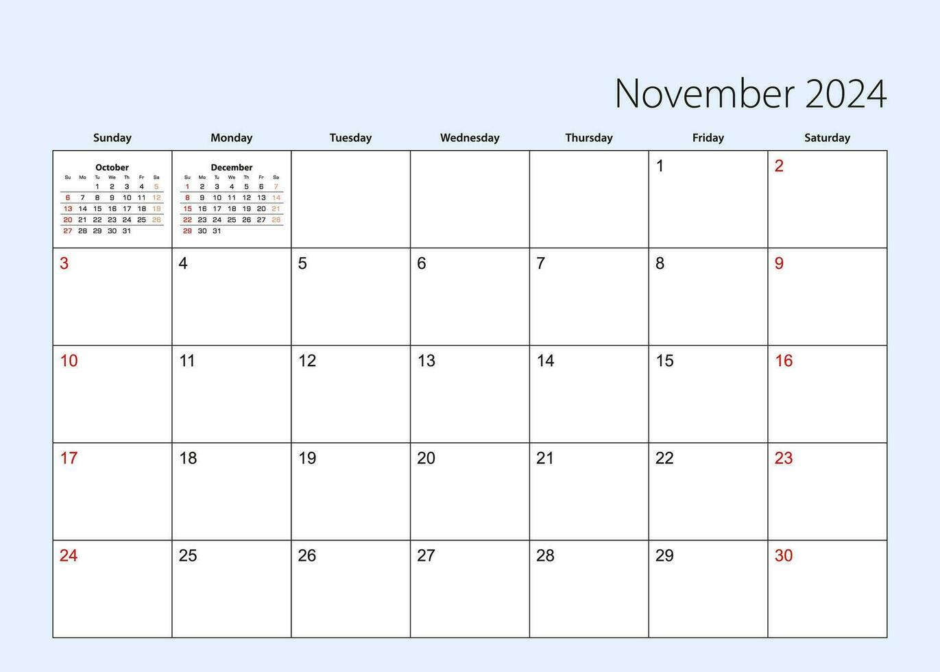 Wall calendar planner for November 2024. English language, week starts from Sunday. vector
