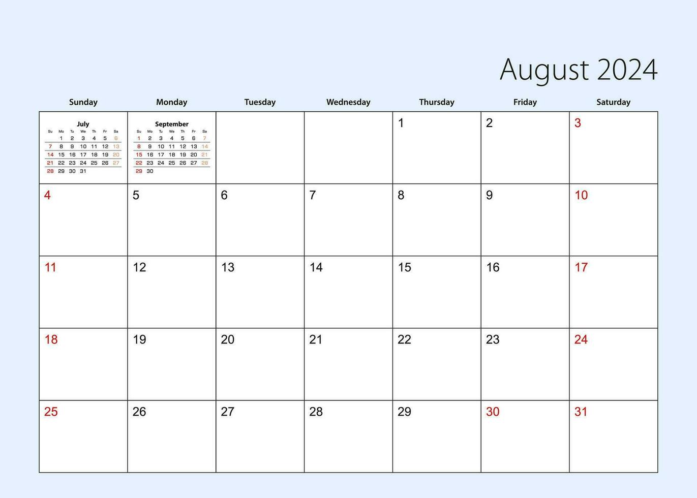 pared calendario planificador para agosto 2024. Inglés idioma, semana empieza desde domingo. vector