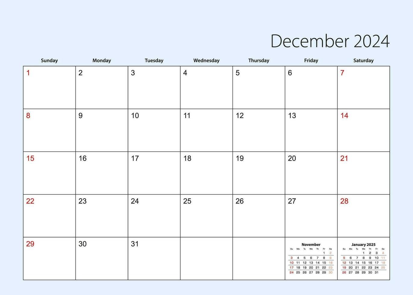 Wall calendar planner for December 2024. English language, week starts from Sunday. vector