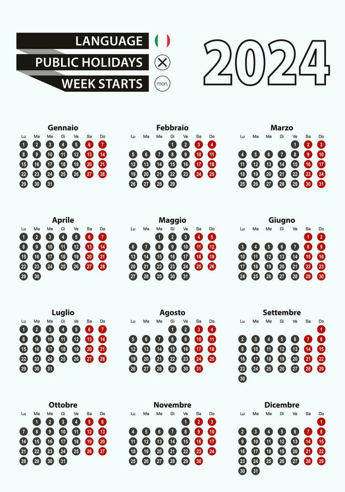 Vector template calendar 2024 with number in circles, simple Italian calendar for year 2024.