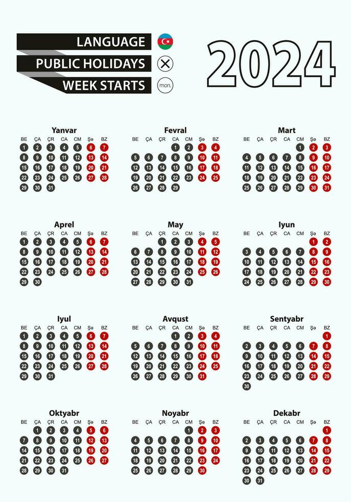 Vector template calendar 2024 with number in circles, simple Azerbaijani calendar for year 2024.