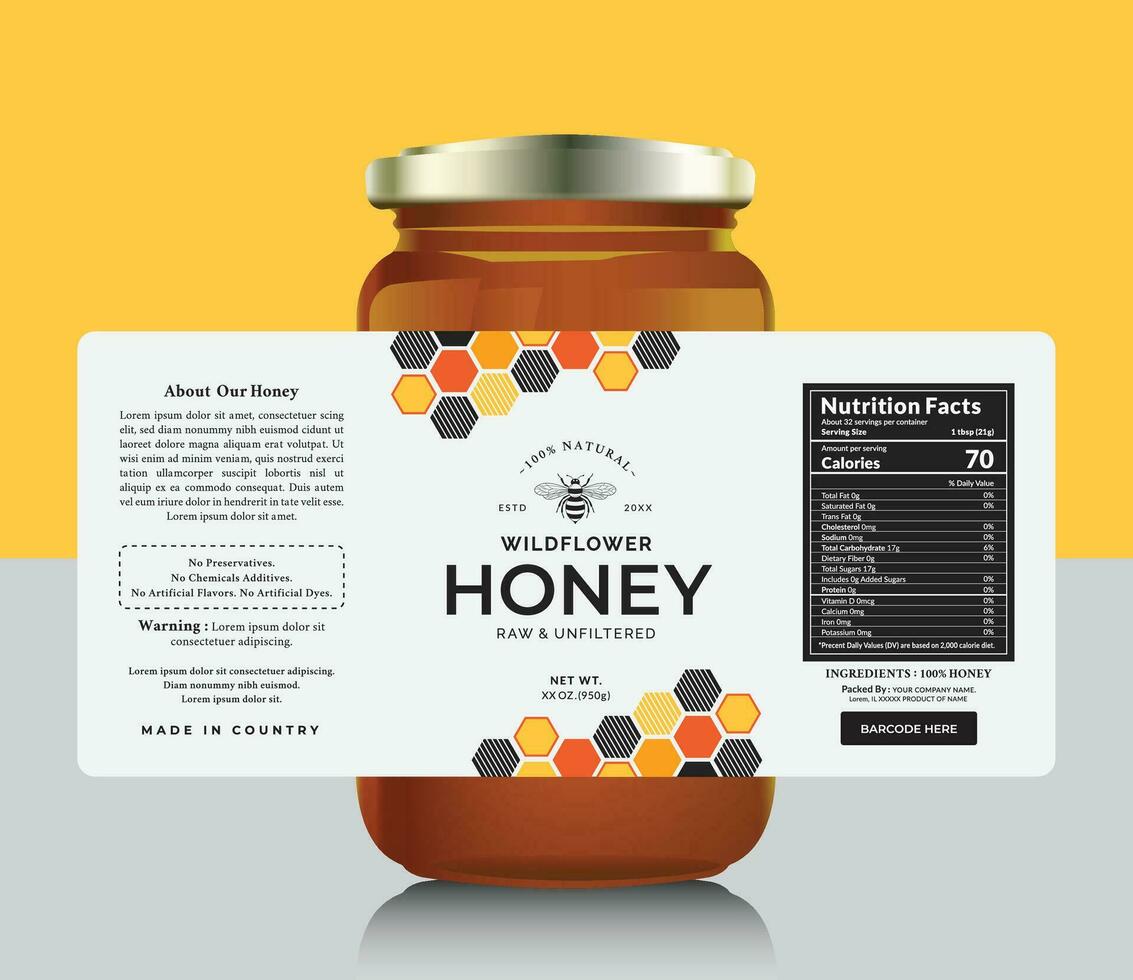 Honey label sticker design bee bottle jar food banner product packaging. vector