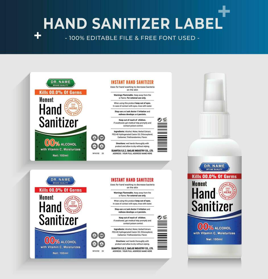 Hand sanitizer label packaging design spray bottle sticker banner product. vector