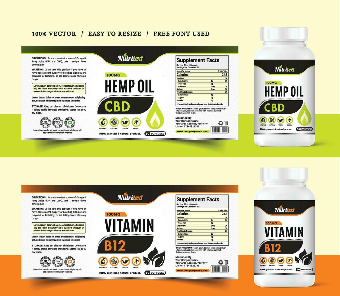 Vitamin label sticker design and food supplement banner packaging health product. vector