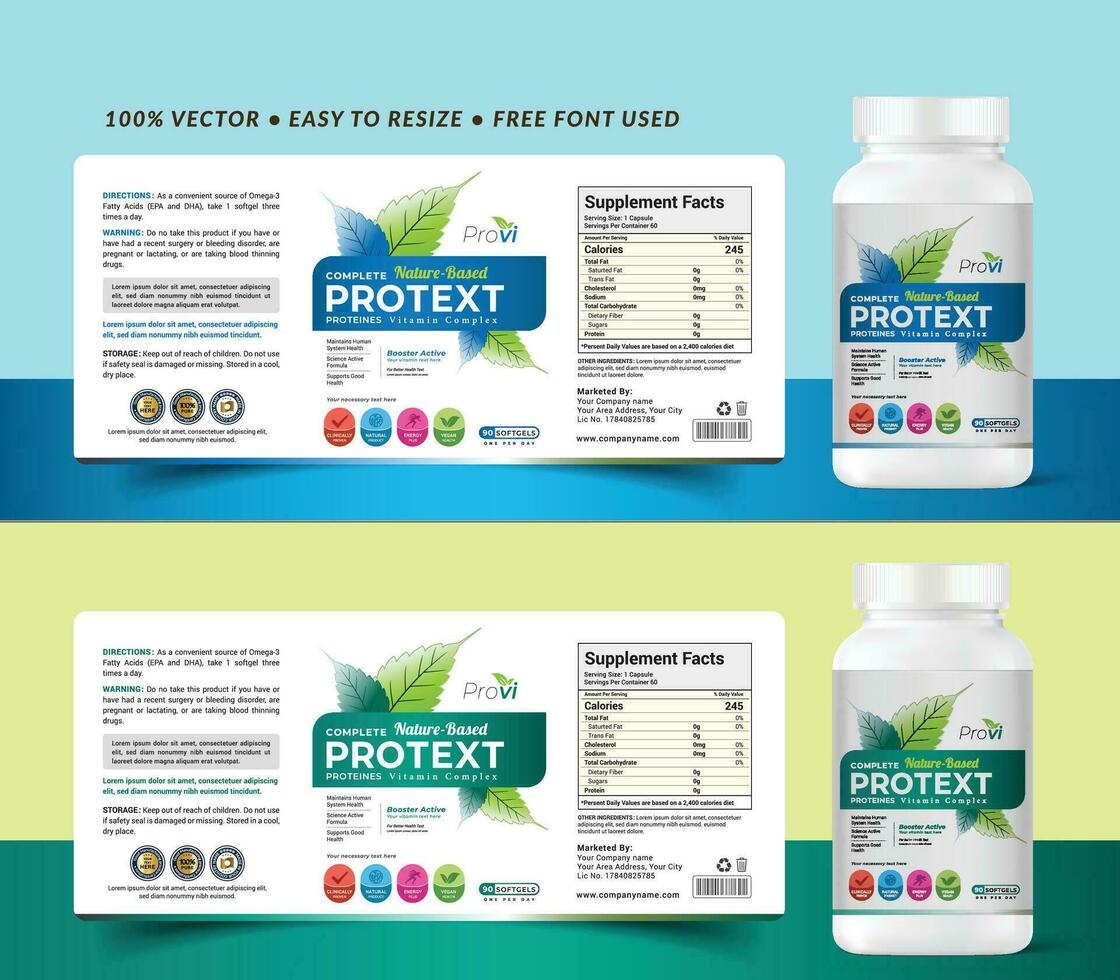 Vitamin label sticker design and food supplement banner packaging health product. vector