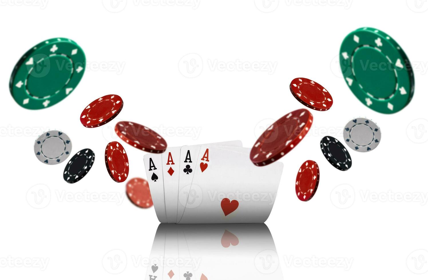 Close-up photo of four aces and colorful chips which are flying apart, isolated on white background. Gambling entertainment.