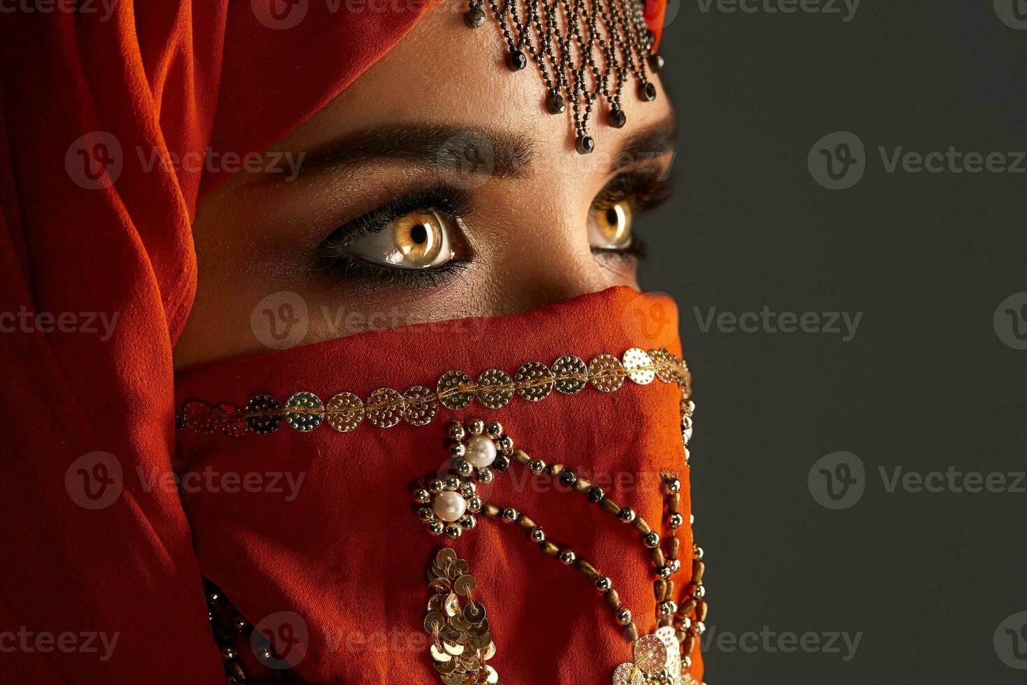 Studio shot of a young charming woman wearing the terracotta hijab decorated with sequins and jewelry. Arabic style. photo