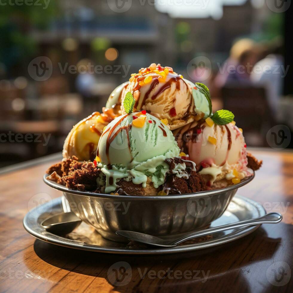 A picture of Ice cream scoops in waffle cones on wooden table, selective focus Generative AI photo