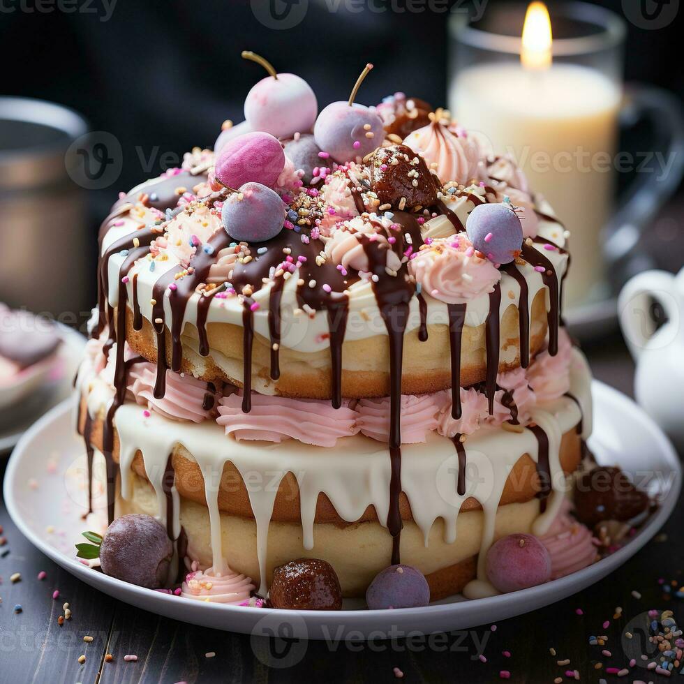A photo of Delicious chocolate cake with berries and nuts on wooden table, closeup celebration concept Generative AI