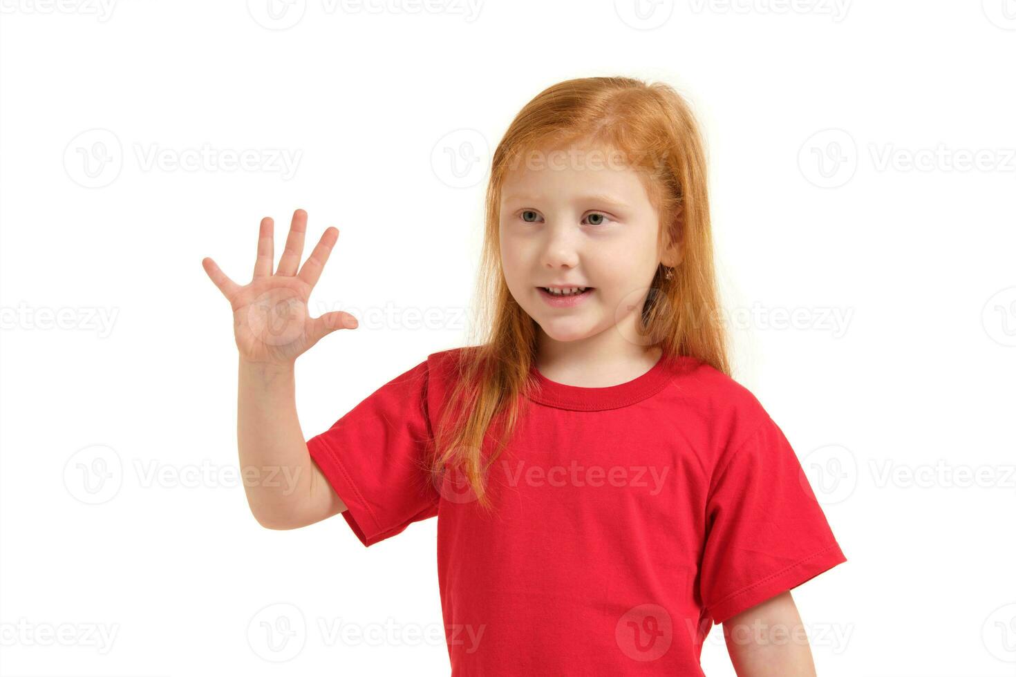 A little girl shows gesture - five fingers, isolated on white background photo