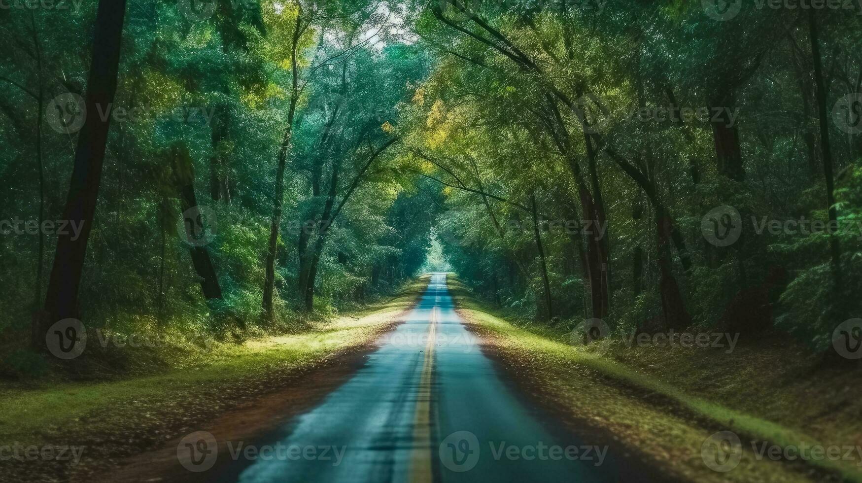 AI generated The road way through the autumnal forest natural way , Tropical forest nature field path way, AI generative photo