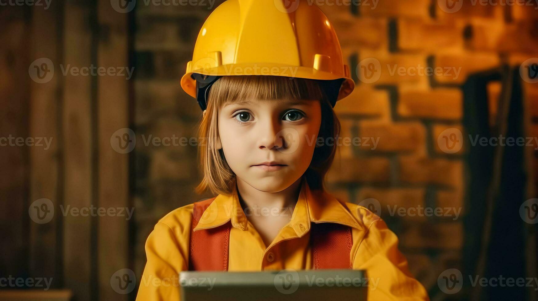 AI generated Boy wearing safety helmet and holding tablet , Engineer Industry concept, Ai generative photo