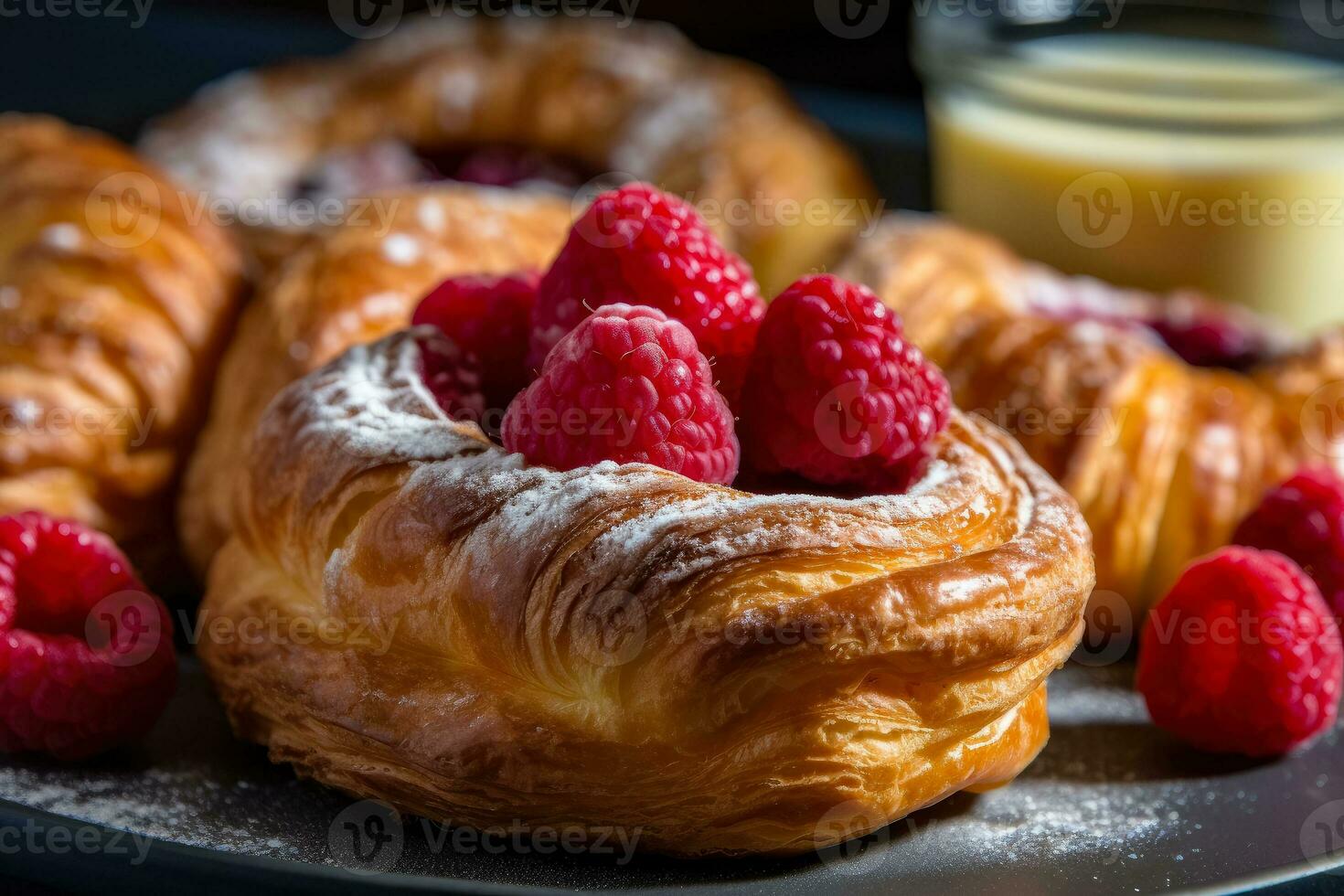 AI generated Freshly baked croissants with mix berry and cherry , Delicious breakfast raspberry croissant , Ai generative photo