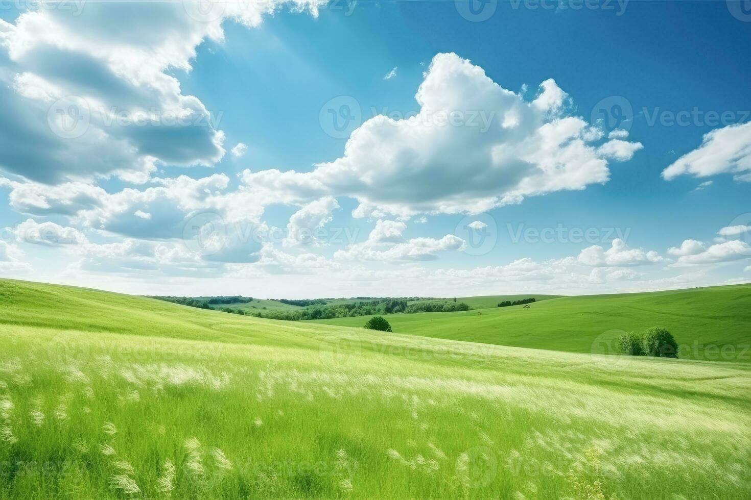 ai generado paisaje de verde césped campo con azul cielo y pequeño colinas , verano naturaleza paisaje fondo, ai generativo foto