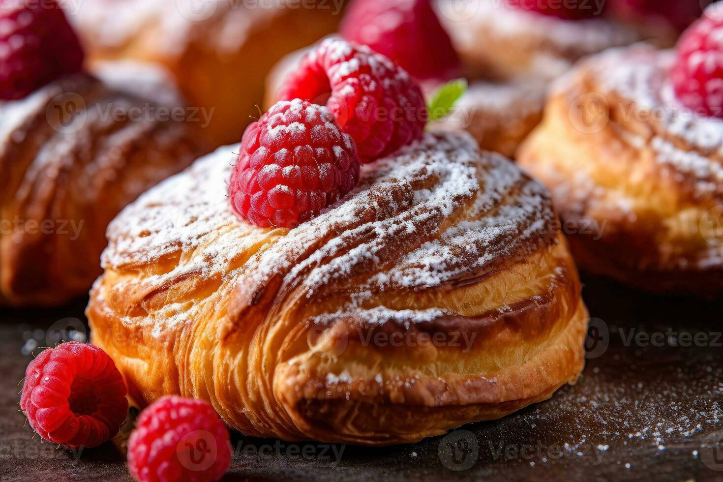 AI generated Freshly baked croissants with mix berry and cherry , Delicious breakfast raspberry croissant , Ai generative photo
