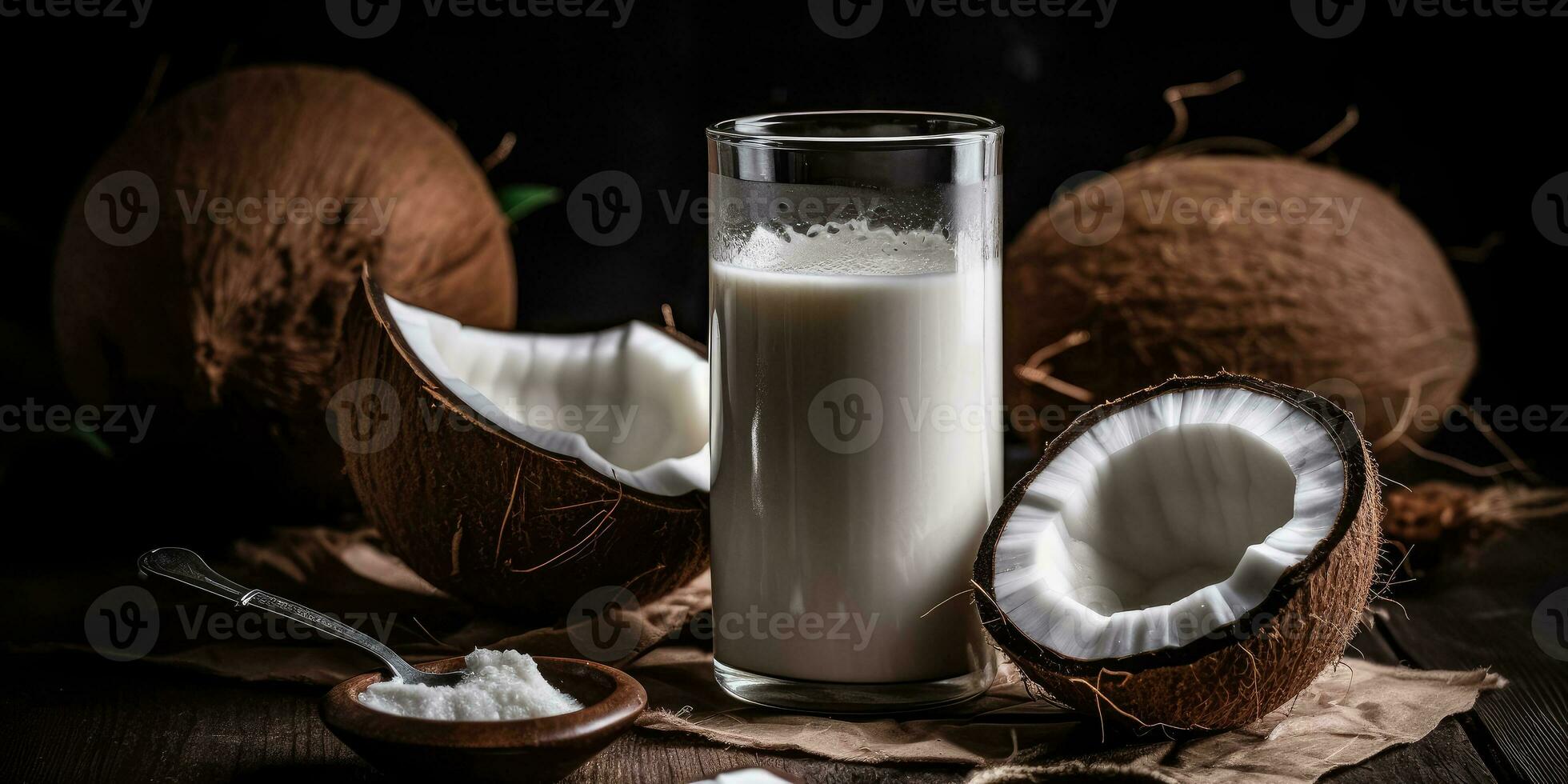 AI generated Coconut milk on a wooden background. Coconut milk in a glass bottle , Healthy food, AI generative photo