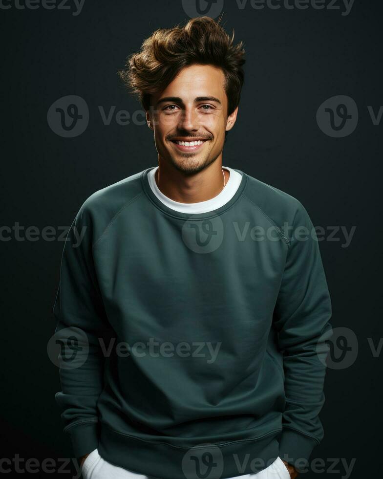 ai generado joven handome hombre sonriente vistiendo blanco camisa de entrenamiento aislado en oscuro azul antecedentes , ai generativo foto