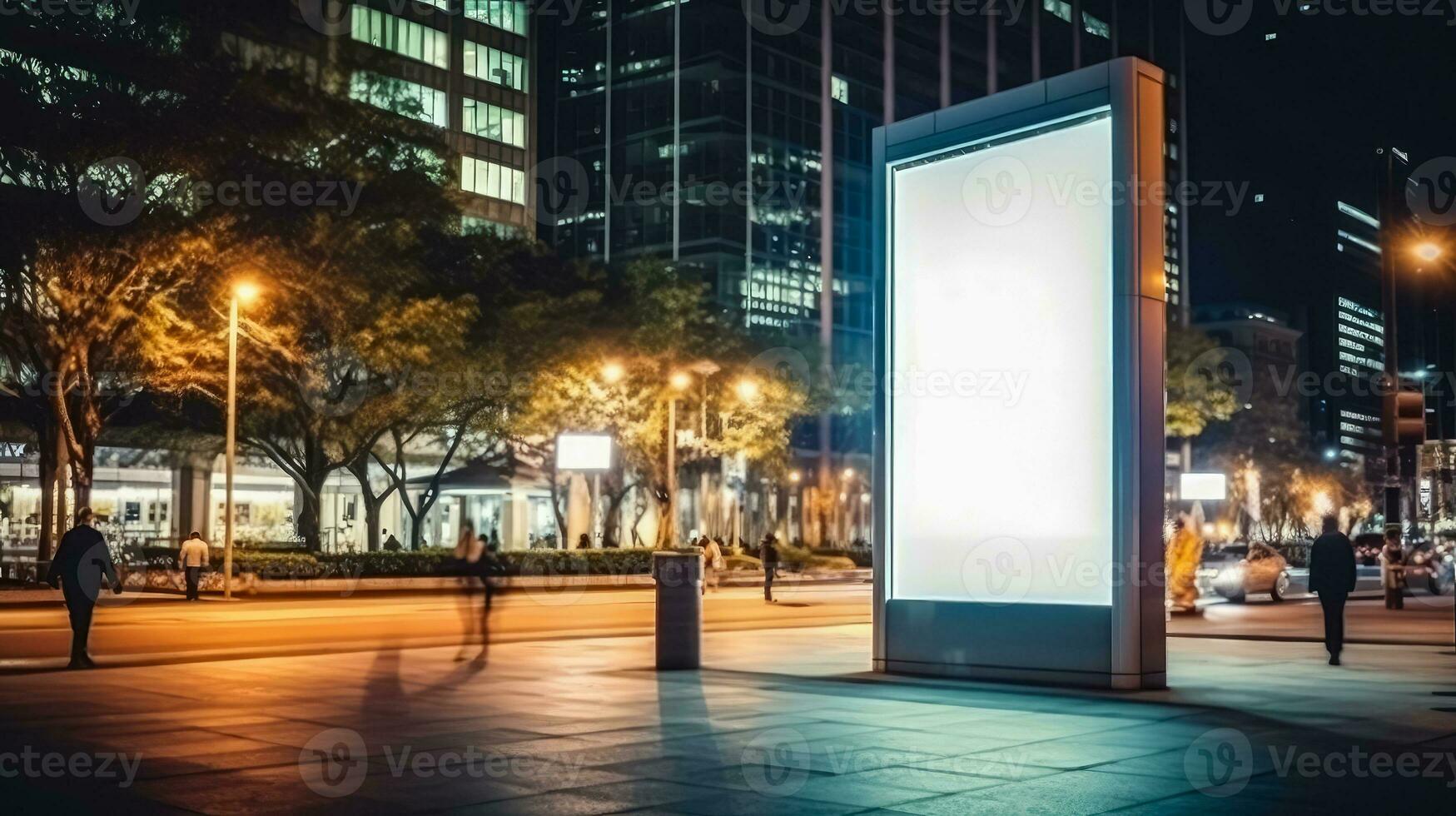 AI generated Digital Media Blank billboard at city , signboard for product advertisement design on road walking street , advertising light box billboard , Ai generative photo