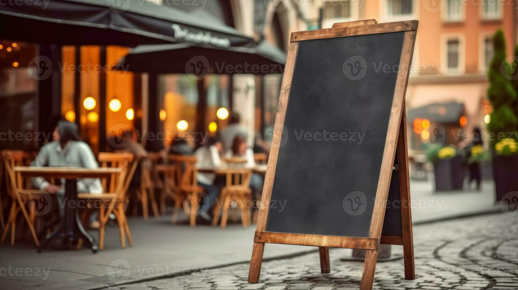 AI generated Empty blackboard sign mockup in front of a restaurant , Menu board with a street cafe or restaurant, Ai generative photo