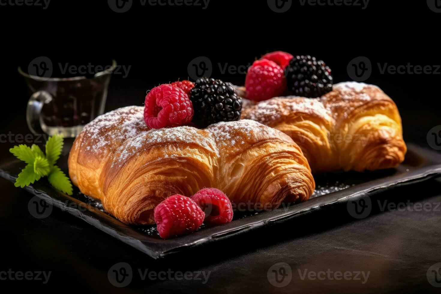 AI generated Freshly baked croissants with mix berry and cherry , Delicious breakfast raspberry croissant , Ai generative photo