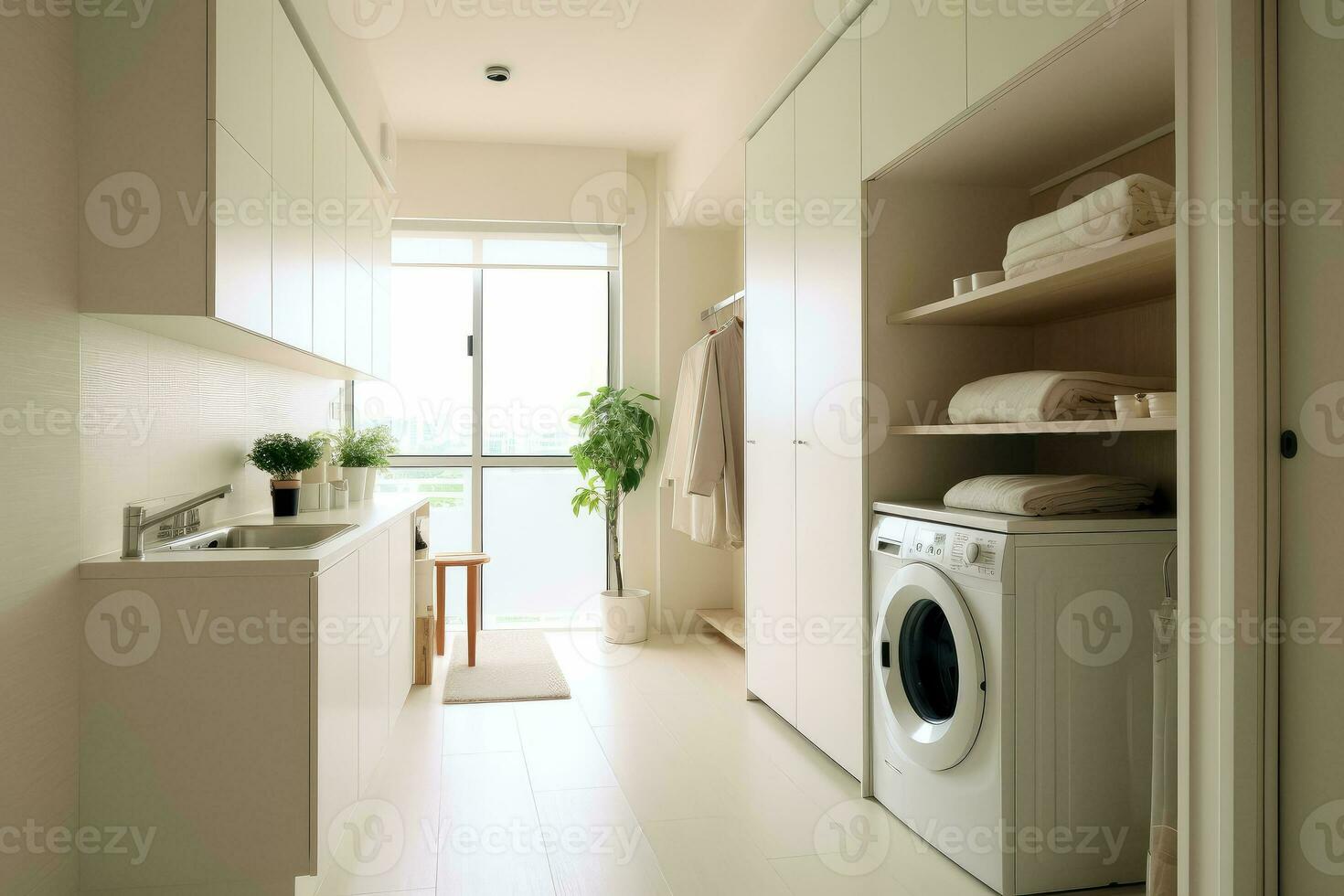 AI generated Interior clean white laundry room with front load washer and dryer units , Ai generative photo