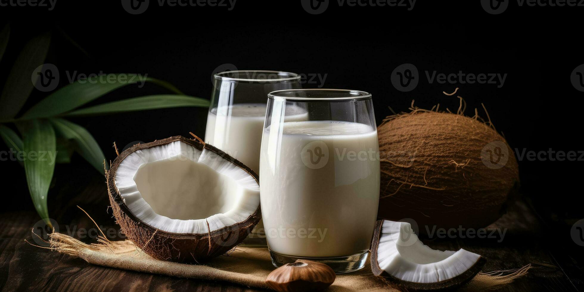 AI generated Coconut milk on a wooden background. Coconut milk in a glass bottle , Healthy food, AI generative photo