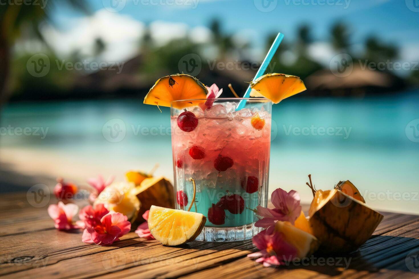 AI generated Fresh cocktail drink and fruit on table on beach , Summer colorful  cocktail on a wooden table at sandy beach in summer , AI generative photo