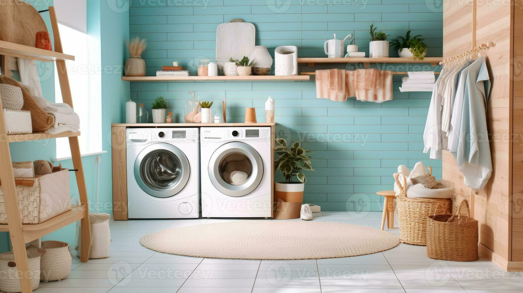 AI generated Interior clean white laundry room with front load washer and dryer units , Ai generative photo