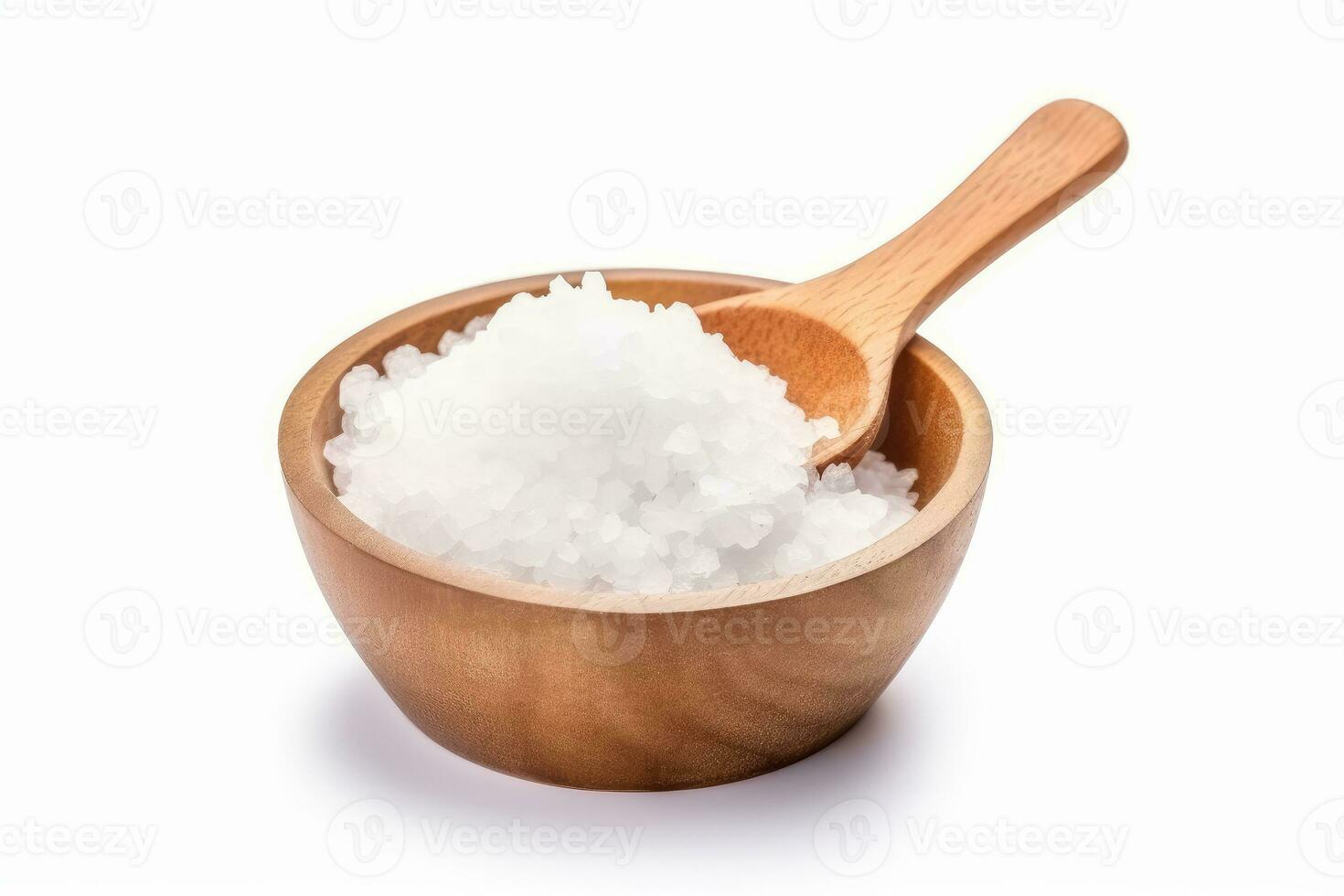 AI generated Salt in wooden bowl , Pure natural sea salt , isolated on white background, AI generative photo