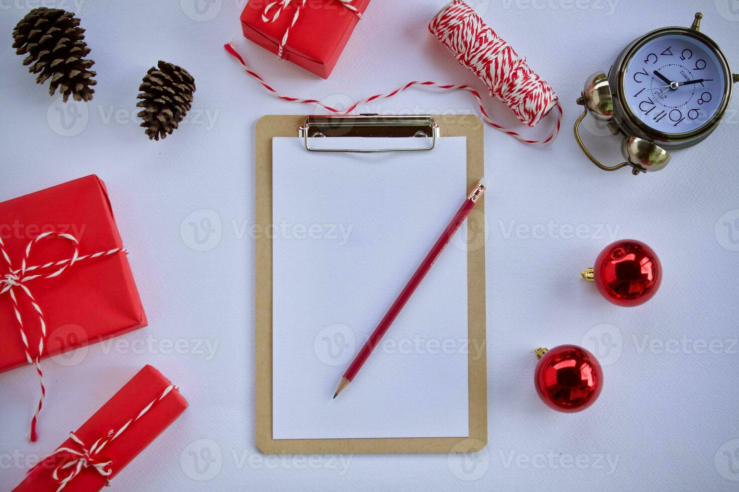 Christmas gift box composition on a white background. Flat lay top view copy space photo