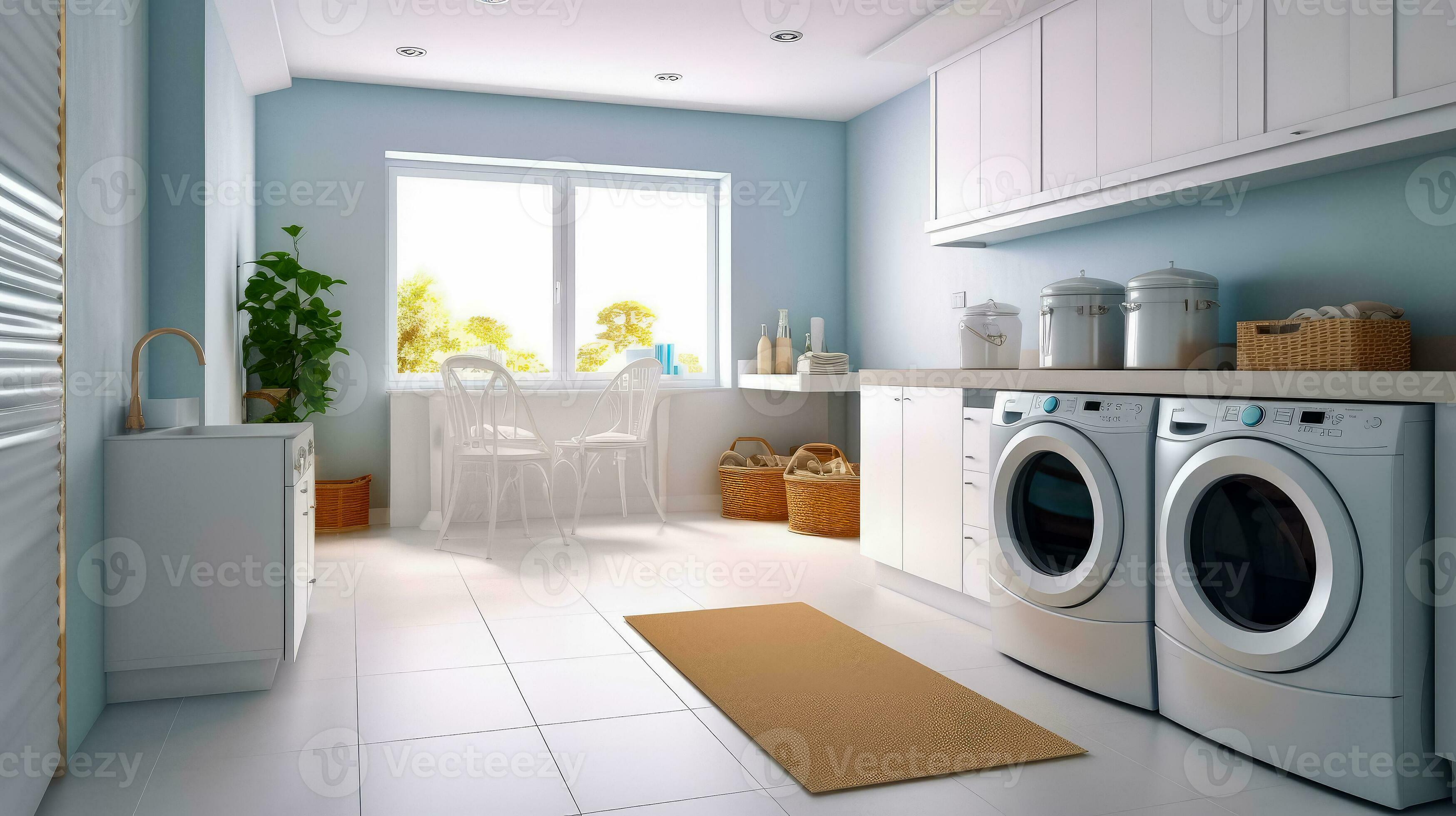 AI generated Interior clean white laundry room with front load washer