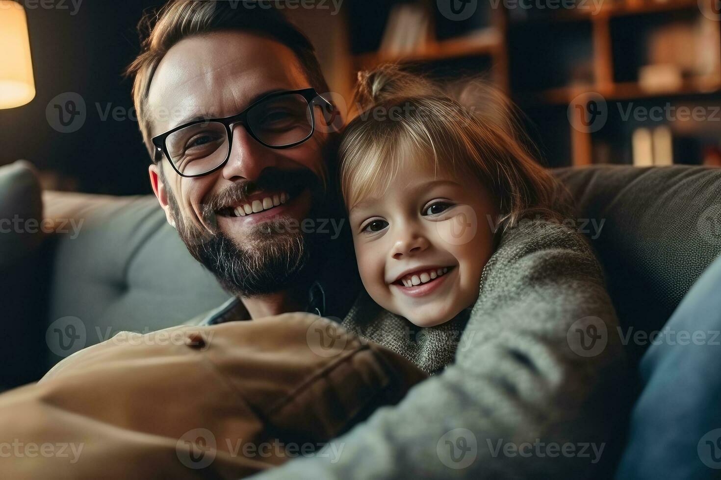 ai generado retrato de contento padre y pequeño hija abrazo abrazo disfrutar oferta cerca familia momento a hogar , dulce momentos disfrutando hora juntos a hogar, ai generativo foto