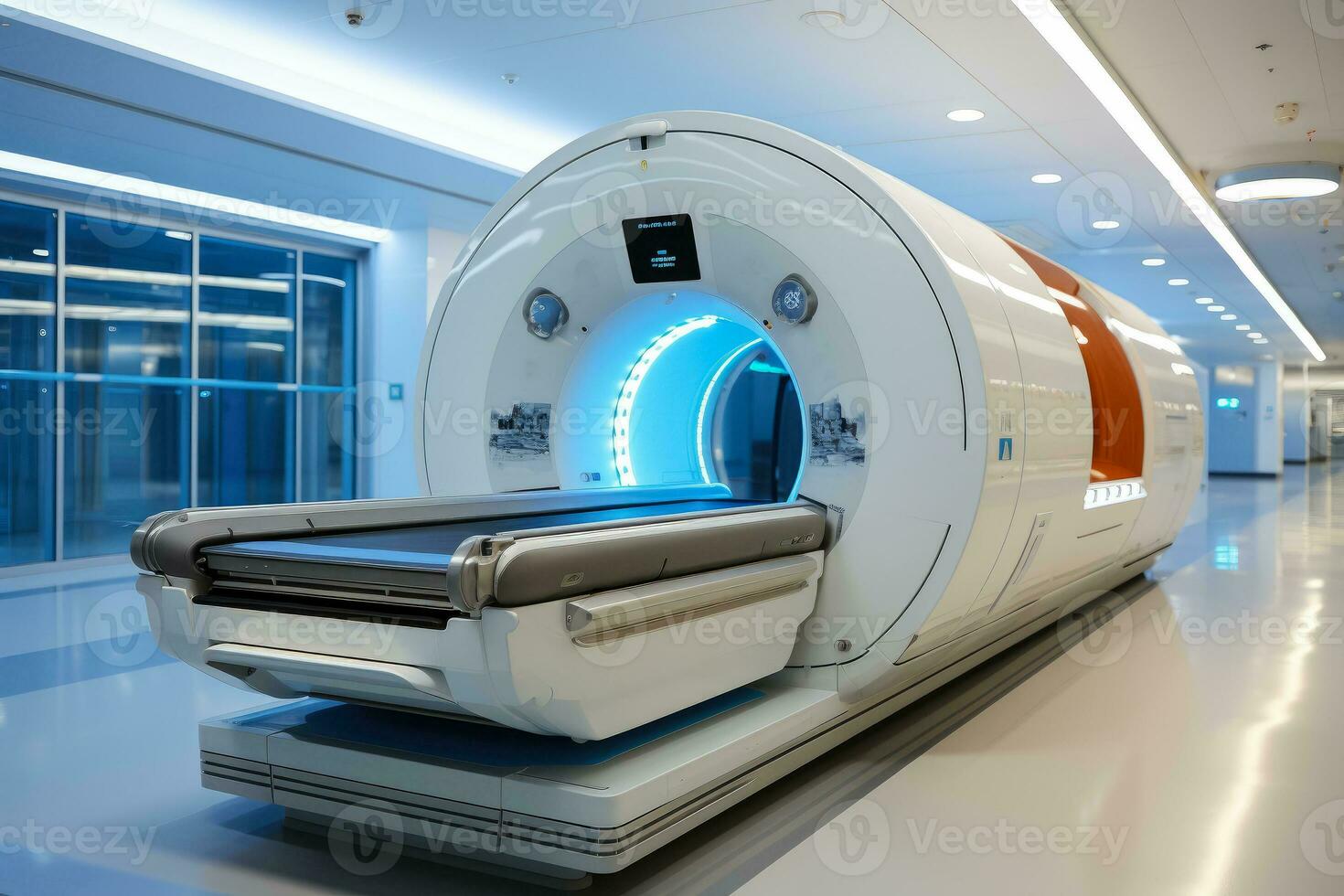 ai generado Connecticut escanear dispositivo en hospital , médico Connecticut o mri médico equipo y salud cuidado , magnético resonancia imagen máquina , ai generativo foto