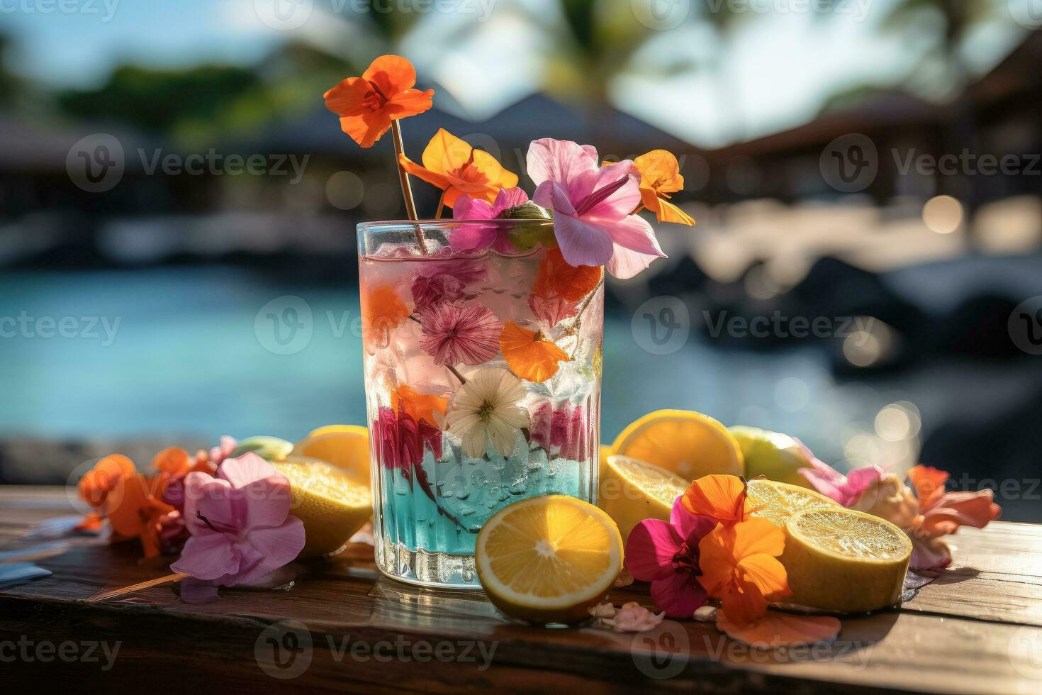 AI generated Fresh cocktail drink and fruit on table on beach , Summer colorful  cocktail on a wooden table at sandy beach in summer , AI generative photo
