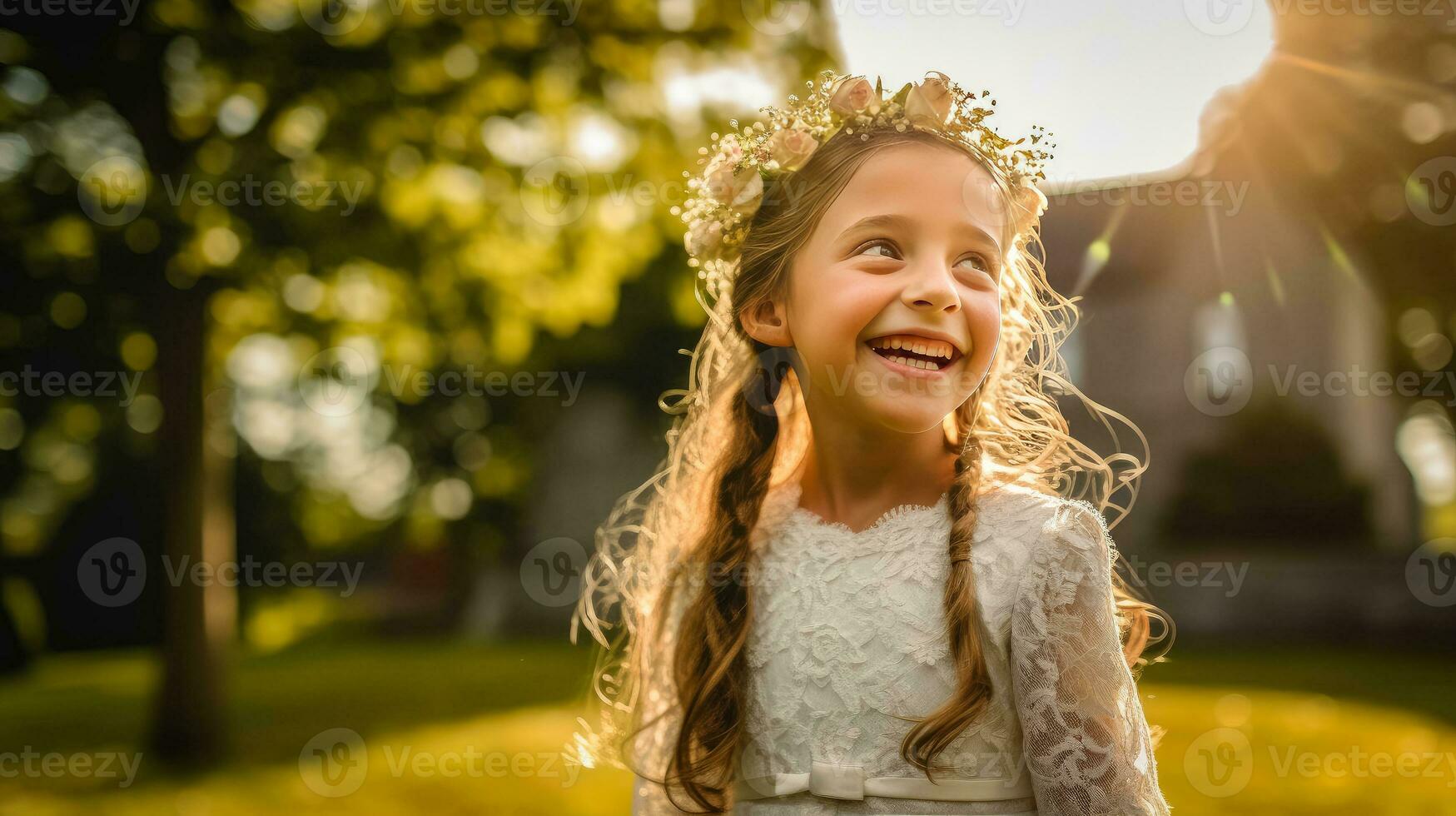 ai generado retrato de bonito niña con primero comunión vestir en Iglesia antecedentes , ai generativo foto